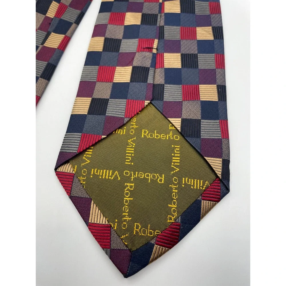 Roberto Villini Collezione Silk Tie Mens Navy Red Gold Checkered Geometric Woven